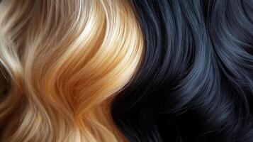 Stylized hair featuring a striking contrast between light blonde and dark tones, creating a visually captivating color pattern. photo