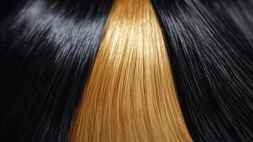 Hair strands of different colors laid side-by-side. The colors are black and blonde, creating a striking contrast and emphasizing the texture. photo