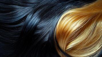 A striking blend of dark and golden tresses intertwine, showcasing a beautiful contrast and the artistry of hair coloring techniques. photo