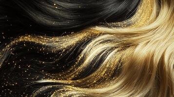 Black and blonde flowing hair adorned with glistening golden sparkles, creating a visually striking contrast and festive feel. photo