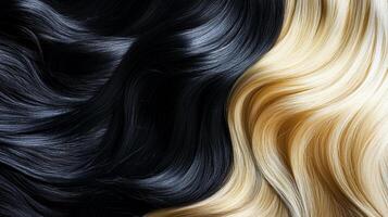 A visually striking contrast of black and blonde hair showcasing texture, shine, and the beauty of diverse hair colors in a dynamic arrangement. photo