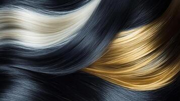 Wavy, multi-toned strands create a flowing textured effect with bold contrasting color differences adding dimension and depth. photo