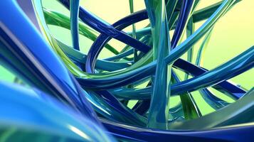 An abstract design features blue and green intertwined glossy pipes forming an intricate network against a light background, creating a sense of depth. photo