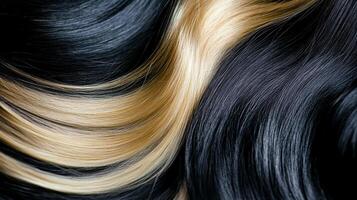 Waves of contrasting hair colors, creating a textured and dynamic visual. The light and dark strands add depth and visual interest. photo