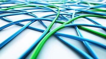 Interwoven blue and green wires create a modern and dynamic visual. The intersecting lines suggest connectivity and complexity. photo