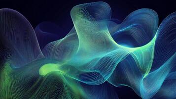 Abstract waves of digital lines flowing with blue and green gradient colors against a dark background create a sense of movement and depth. photo
