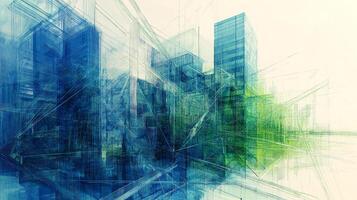 Abstract city architecture with blue and green tones, showing a conceptual urban landscape. Geometric lines and modern design showcase the buildings. photo