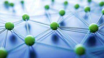 Interconnectedness in this vibrant web symbolizes networks, data connections, and innovation. The green spheres represent links within systems. photo