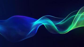 A vibrant abstract wave flows across a dark backdrop, its hues transitioning from blue to green in a fluid, dynamic display of energy. photo