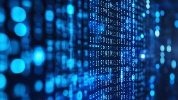 Abstract digital binary code stream in a futuristic blue hue, representing data, information technology, cybersecurity, and virtual reality. photo
