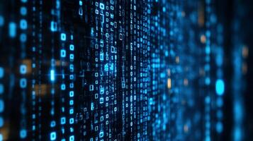 Digital data stream. Binary code background with glowing blue zeros and ones. Data analysis, big data, information technology concept. photo