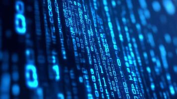 A digital display showing a cascade of blue binary code, representing data, technology, and the abstract nature of information. photo