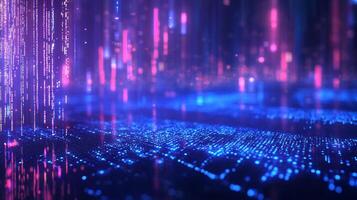 Abstract digital background featuring vibrant blue and purple lights, evokes high-tech, futuristic concepts with data streams. photo