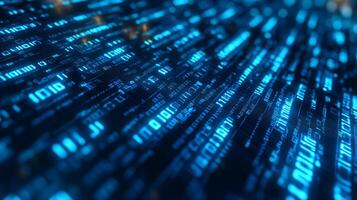 A mesmerizing display of glowing digital data, illuminated in vibrant shades of blue, showcasing intricate code and binary patterns in high resolution. photo