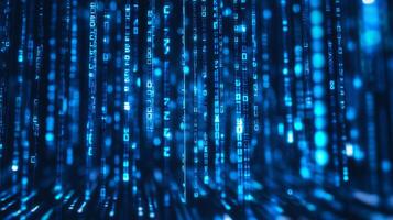 A cascade of glowing blue computer code, creating a matrix-like effect, symbolizes digital information and processing. photo