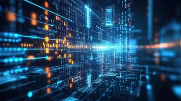 Abstract digital network with vibrant blue and orange lights, showcasing connectivity and complex data flow. Tech concept photo