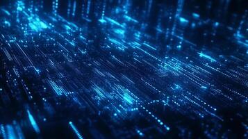 A vibrant blue matrix of light streaks and particles converging, reminiscent of data streams and digital processing in a technological network. photo