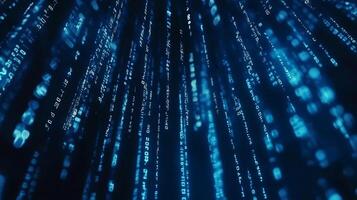 Abstract digital rain falling down with blue glowing symbols and binary code representing data streams and futuristic technology. photo
