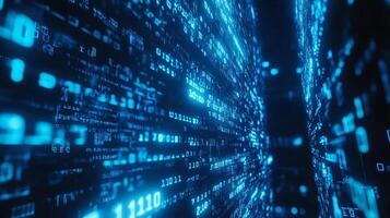 Futuristic digital display with glowing blue binary code. Information technology concept, abstract computer data stream visualization. photo