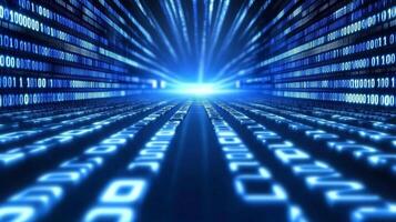Futuristic digital data stream with glowing blue binary code and light beams, symbolizing innovation and technological advancement. photo