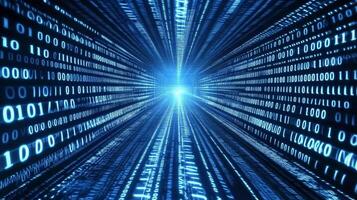 Binary code streams towards a point of light, symbolizing data transmission, digital networks, and advanced technological concepts. photo