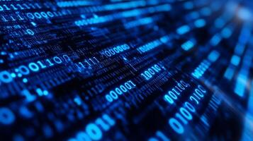 Blue binary code illuminates the digital landscape, creating a sense of futuristic technology and information flow. photo