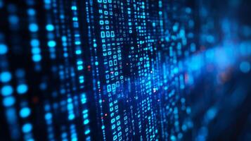 Digital code flows in blue, creating a dynamic, abstract technological landscape. Data streams illuminate the dark canvas with binary. photo