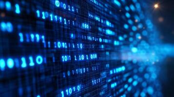 Futuristic binary code stream illuminating digital space, conveying complex data processing, cybersecurity, and the essence of the digital age. photo