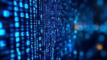 Abstract blue zeros and ones convey digital technology or binary code in a modern, abstract, and high tech concept. Data stream. photo