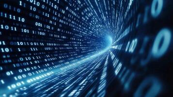 Abstract tunnel of digital data streams, illuminated in blue, representing information flow, connectivity, and the vastness of cyberspace. photo