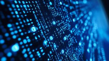 Abstract binary code pattern illuminating in blue, representing digital information processing and transfer on a dark background. photo