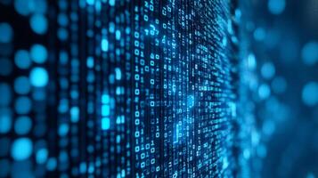 Abstract image of binary code with a blue digital aesthetic. Represents data streams, information systems, computer science, and technology. photo