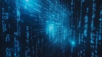 Abstract blue matrix of data points forming a futuristic cityscape, with glowing details and depth for a tech aesthetic background. photo