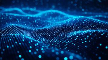 Abstract glowing blue dots create a futuristic, undulating surface, resembling data streams or ocean waves in a digital realm. photo