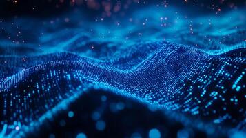 Abstract digital wave pattern, composed of glowing blue particles on a dark background, creating a futuristic and dynamic visual landscape. photo