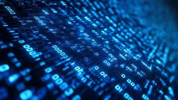 A blue digital display of binary code, depicting data processing and information systems in a grid-like pattern for abstract background. photo