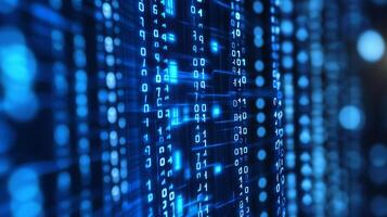 An abstract computer screen shows strings of blue binary code with blurred bokeh, representing digital data and secure technology. photo