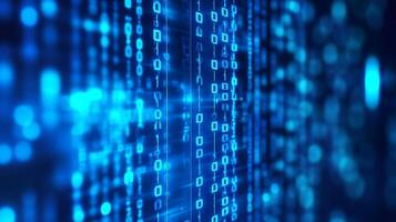 Abstract digital streams of 0 and 1 numbers in vibrant blue, depicting computer data, coding, and technological advancement. photo