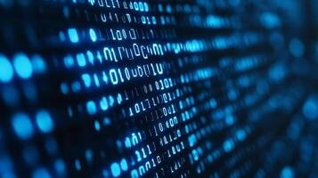 An abstract representation of binary code on a digital screen, featuring ones and zeros in blue hues, creating a technological atmosphere. photo
