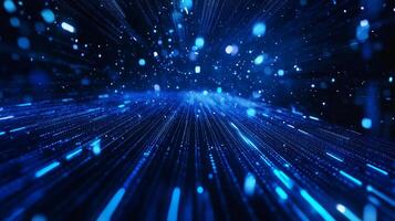 Digital data streams in blue light, flowing through a network. Glowing particles create a sense of depth and motion. Futuristic technology. photo