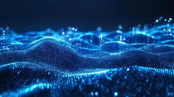 Abstract, flowing blue data landscape with glowing nodes. Digital networking and data streams create dynamic, futuristic visuals. photo
