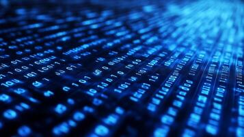 Digital data stream with bright blue binary code cascading across the screen, symbolizing technology, connectivity, and information. photo