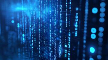 Abstract binary code streams downwards in blue. Represents data, information, technology and the digital age with a futuristic aesthetic. photo