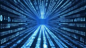 Abstract visualization of digital information with illuminated binary code tunnel effect, emphasizing data flow and computing technology concepts. photo