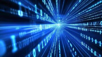 Futuristic digital stream of glowing binary code in electric blue. Technological visualization of data flow with dynamic perspective. photo