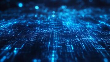 Abstract blue digital network with glowing lines and points suggesting data, connection, or virtual landscape. Futuristic backdrop. photo