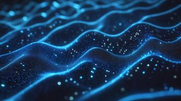 Abstract blue waves of light undulating across a dark background, with twinkling dots scattered throughout, suggesting data or energy flow. photo