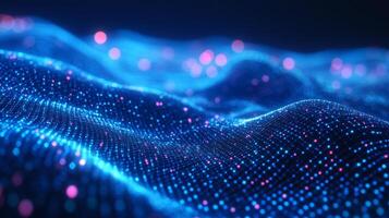 Abstract visualization of a network, dotted with blue and pink lights over a wavy terrain on a blue backdrop. Futuristic design photo
