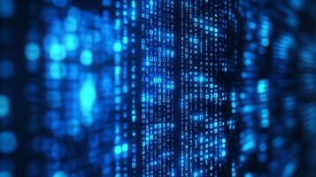 Abstract binary code background in blue. A data matrix with glowing digital numbers depicts a digital computer processing activity. photo