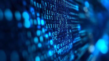 Binary code streams in glowing blue, representing data processing, information networks, and the digital frontier. Information age concept. photo